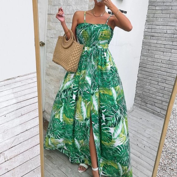 . Dresses & Skirts - Green Boho Womens Tropical Print Shirred Split Thigh Cami Dress